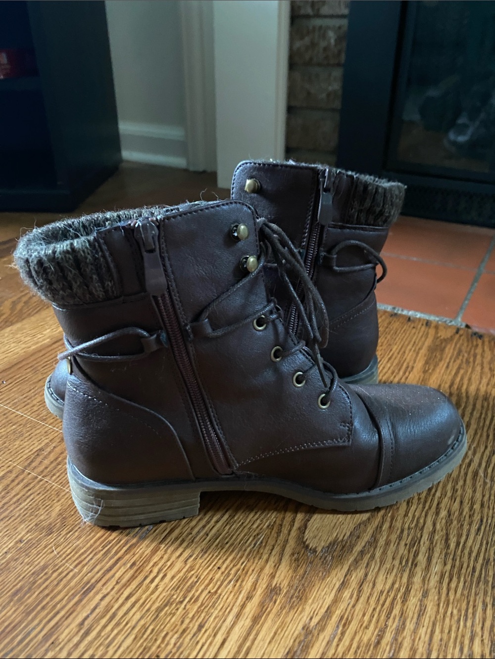 Women's Brown Lace-Up Faux-Leather Ankle Boots with Knit Collar
